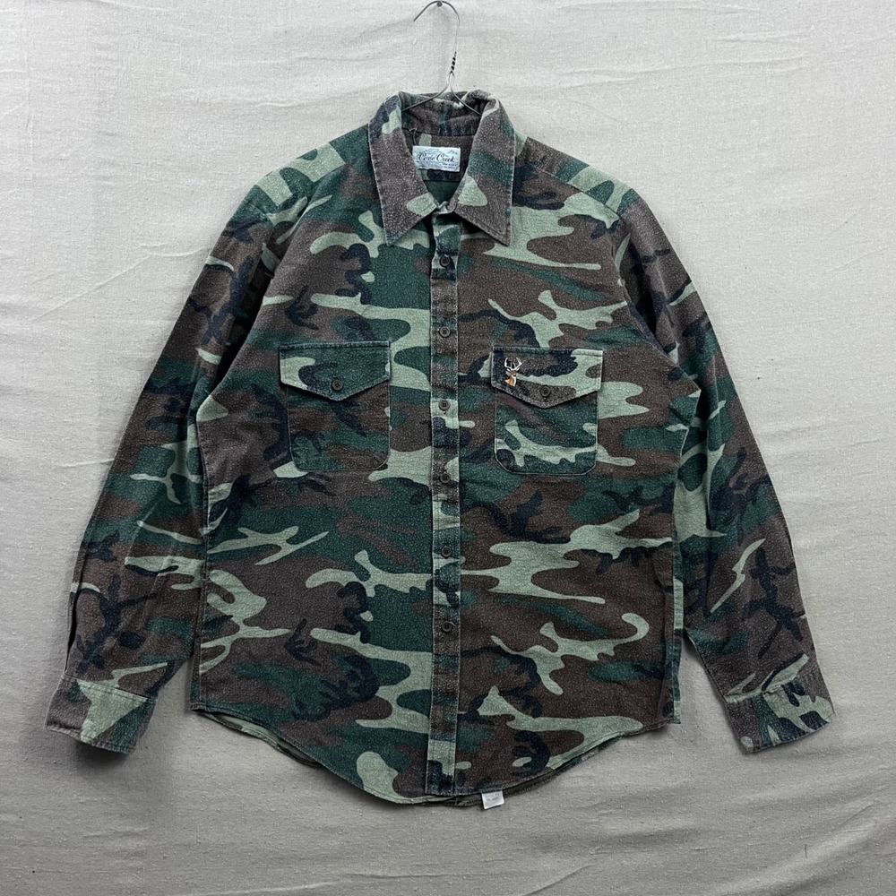 Cove Creek Flannel Shirt Mens XL‎ Green Camo Hunting Deer Embroidery USA Made